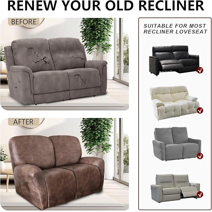 ANARACHON Loveseat Recliner Cover Leather Look Recliner Loveseat Covers Recliner Sofa Cover for 2 Seater Reclining Couch Spandex Fabric Washable 6 Pieces (2 Seater, 02 Light Brown)