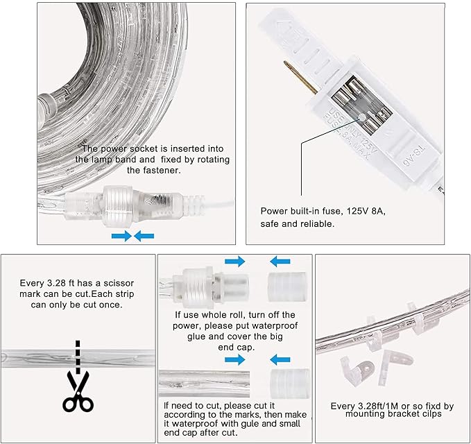 SURNIE Rope Lights Outdoor Waterproof Daylight White: LED 33FT Cuttable Outside Bright 110V Lighting 6000K Flexible Cool Clear Tube, Indoor Deck Patio Xmas Camping Decor, Not Flat Strip