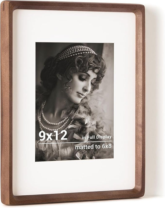 Fun Memories 9x12 Picture Frame, USA-Sourced Walnut Wood Photo Frames with HD Tempered Glass, Handcrafted Rounded Corner 9 x 12 Wooden Frames Matted to 6x8 Photos, 9x12 Frame, Tabletop or Wall Display