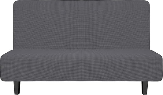 Easy-Going Stretch Futon Slipcover Armless Futon Bed Cover Furniture Protector Without Armrests with Elastic Bottom for Kids, Soft Jacquard Fabric Small Checks (Medium, Grey)