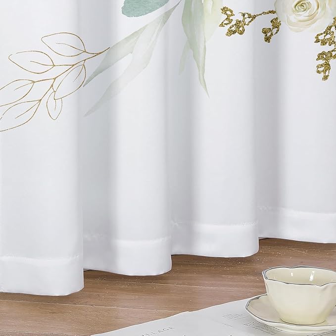 Green Eucalyptus Leaves Curtains 63 Inch Length 2 Panels, Elegant Wild Flower Floral Light Filtering Bedroom Living Room Kitchen Curtain for Small Window, Sage Green Drapes Rod Pockets, 42x63 Inches