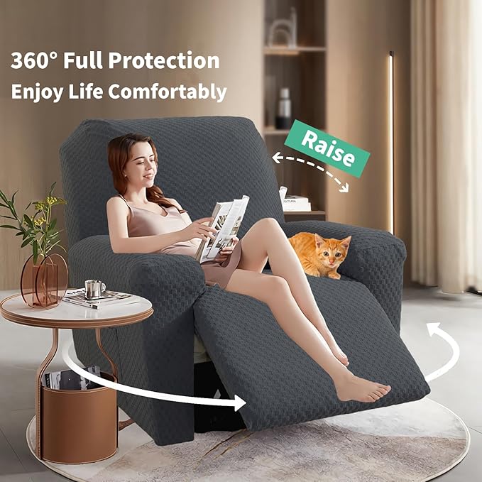 YEMYHOM 4 Pieces Stretch Recliner Slipcover Latest Jacquard Recliner Chair Cover with Side Pocket Anti-Slip Fitted Recliner Cover Couch Furniture Protector with Elastic Bottom (Recliner, Dark Gray)