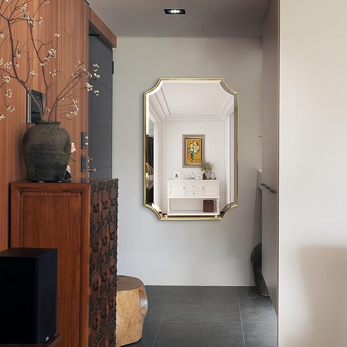 POZINO Rectangle Beveled Mirror, 24"x36" Brushed Gold Bathroom Vanity Mirror with Stainless Steel Frame, Aesthetic Wall Mirrors for Living Room Bedroom Hallway Entryway, Horizontal or Vertical Hanging