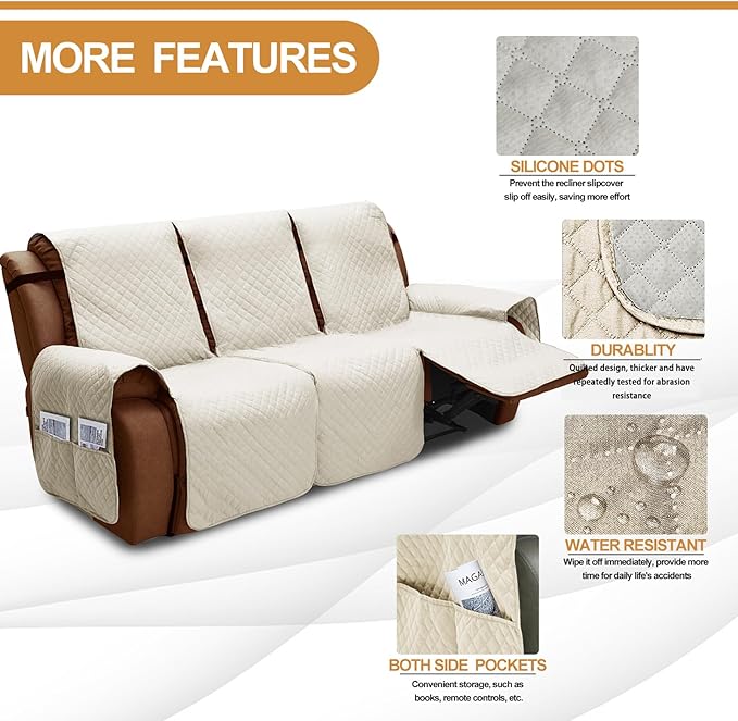 XINEAGE Water Resistant Recliner Cover, 3 seat Recliner Sofa Covers with Pockets, Quilted Thick Recliner Protector Cover for Dog Pets with Non Slip Backing and Strap (Recliner Sofa, Beige)