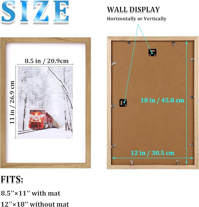 Egofine 12x18 Solid Wood Picture Frames Matted for 8.5x11 - Acrylic Plexiglass Front for Wall Mounting Hanging Picture Frame Vertically or Horizontally, Carbonization Set of 2