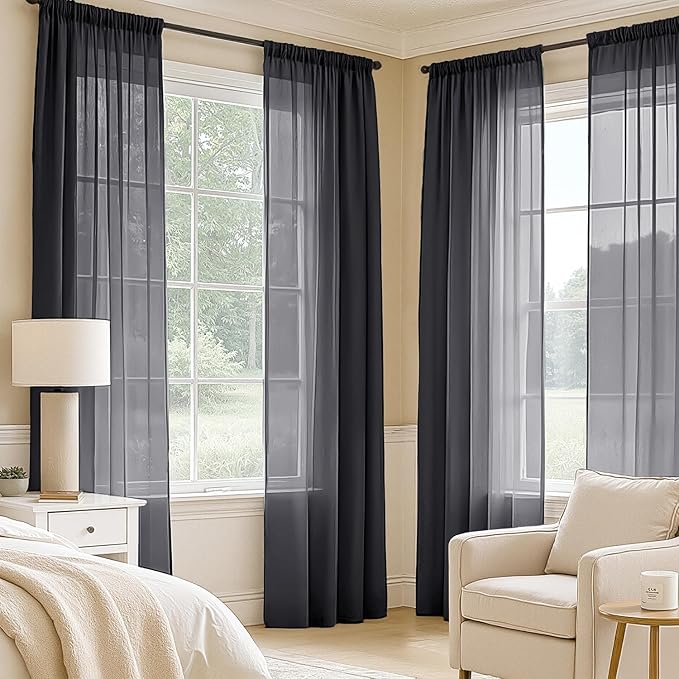 MIULEE Black Sheer Curtains 102 Inches Long 4 Panels Set, Light Filtering Rod Pocket Drapes for Living Room and Bedroom, Airy Soft Breathable Voile Window Treatments, 42W x 102 Inches