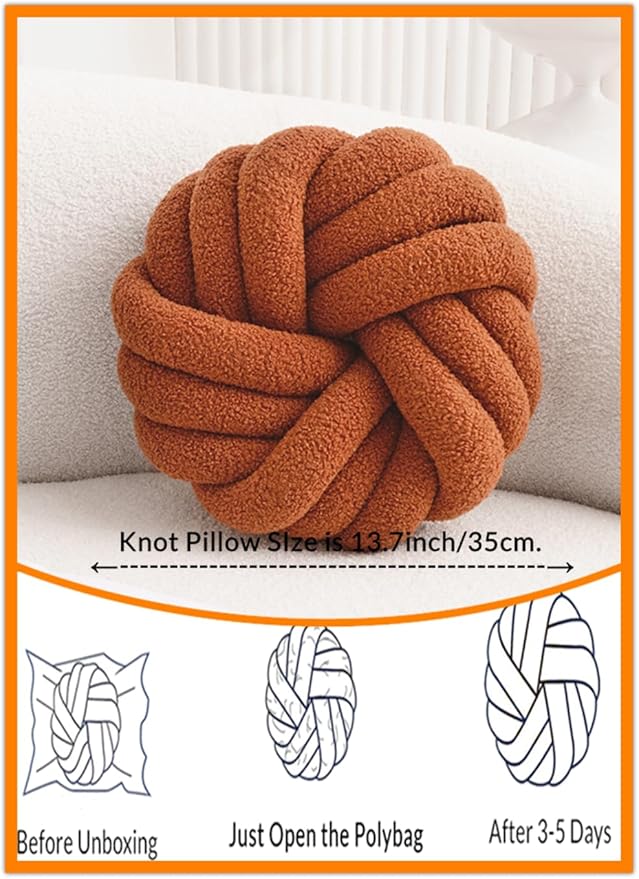 Brown Knot Pillow 13.7'' Round Throw Pillow Soft Plush Knot Ball Pillow Handmade Knotted Pillow Modern Home Decorative Knotted Pillow Cushion for Bed Bedroom, Sofa, Couch