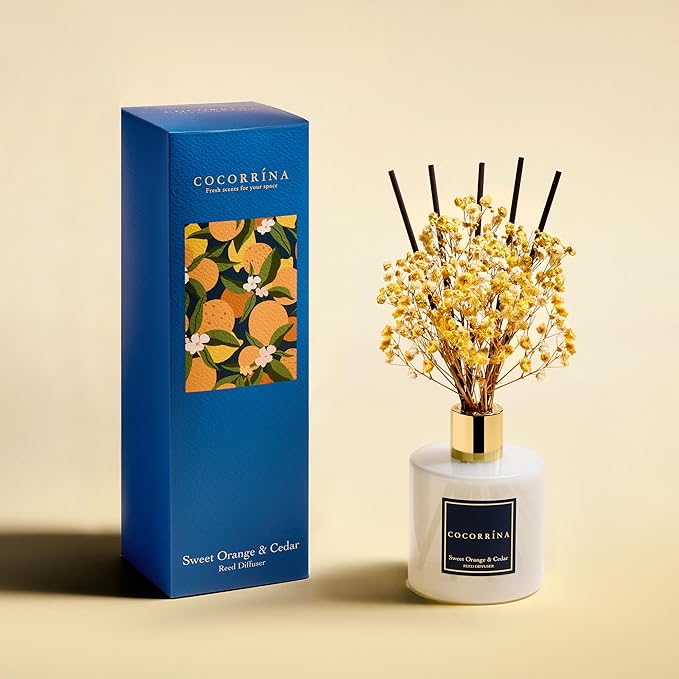 COCORR??NA Reed Diffuser - Sweet Orange & Cedar 6.7 Fl.oz Reed Diffuser Set with Sticks & Preserved Baby's Breath, Reed Diffuser for Home Bathroom Shelf Decor
