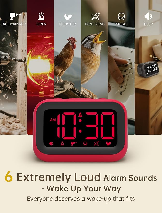 Acedeck Super Loud Alarm Clock: 115dB Wake-Up Power | Dual Alarms and 6 Alarm Sounds for Heavy Sleepers Adults and Shift Workers - Bedroom and Daily Wake-Up Use (Red Digits) - Image 8
