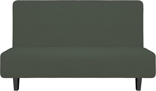 Easy-Going Stretch Futon Slipcover Armless Futon Bed Cover Furniture Protector Without Armrests with Elastic Bottom for Kids, Soft Jacquard Fabric Small Checks (Medium, Olive Green)
