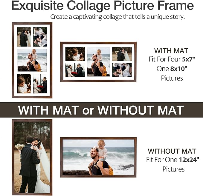 12x24 Brown Wood Picture Frame - White Mat for 8x10 and 5x7 Photos - Real Glass, Sawtooth Hanger, Swivel Tabs - Wall Mounting - Great for Posters, Weddings, and Engagements