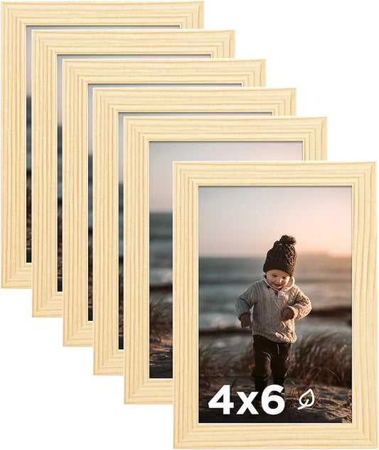 KINLINK 4x6 Picture Frame Wood Grain Set of 6, Wooden Photo Frames with Plexiglass for 4x6 without Mat for Table and Wall Display