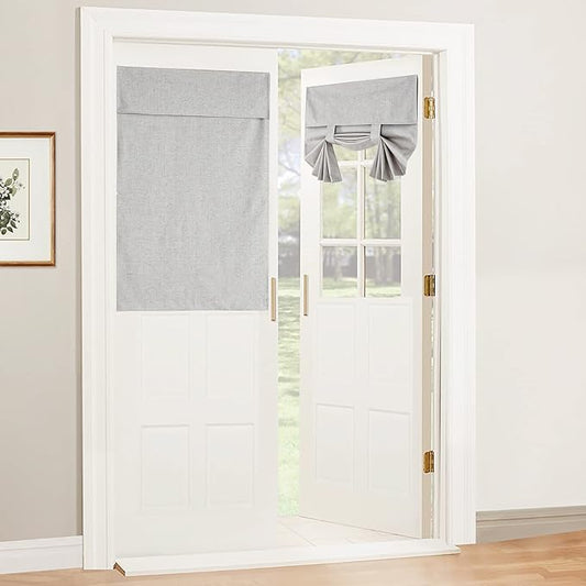 RYB HOME 100% Blackout Curtains for Small Window, Linen Textured Blend Insulating Privacy French Door Curtains Tie Up Shades for Kitchen Storage Cabinet Basement, W 34 x L 40, Light Grey, 1 Panel