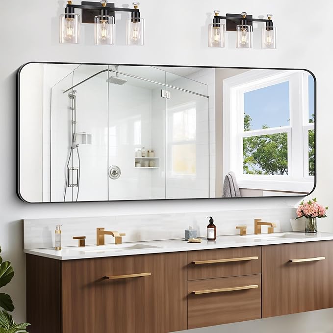 Large Bathroom Mirror, 72x30 inch Black Metal Frame Rectangular Vanity Mirror, Rounded Corner Wall Mounted Rectangle Mirrors for Bedroom Living Room Hangs Horizontal Or Vertical