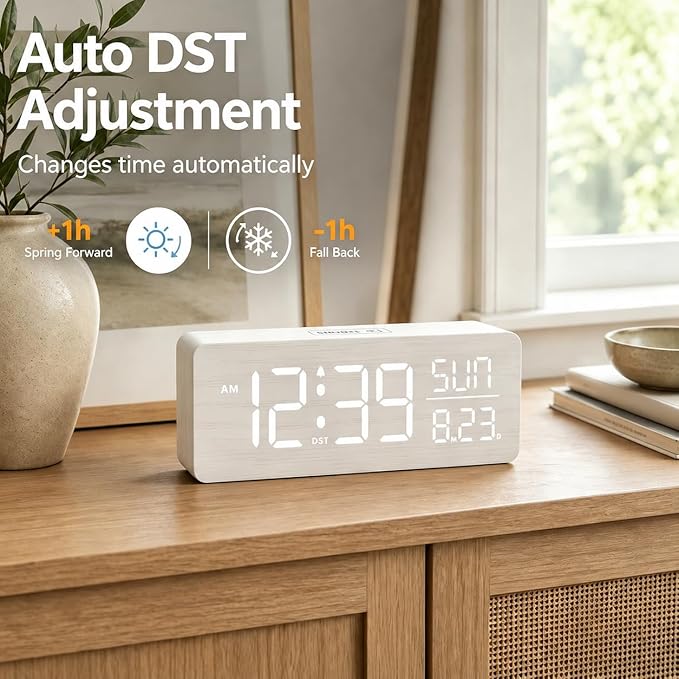 Peakeep Wooden Digital Alarm Clock Large Display, Textured Decoration - Image 5