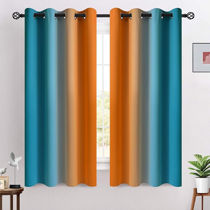 COSVIYA Grommet Ombre Room Darkening Curtains 63 inches Length for Kids/Girls Bedroom, Polyester Light Blocking Orange and Blue Gradient Window Drapes/Curtains for Living Room,2 Panels, 52x63 inches