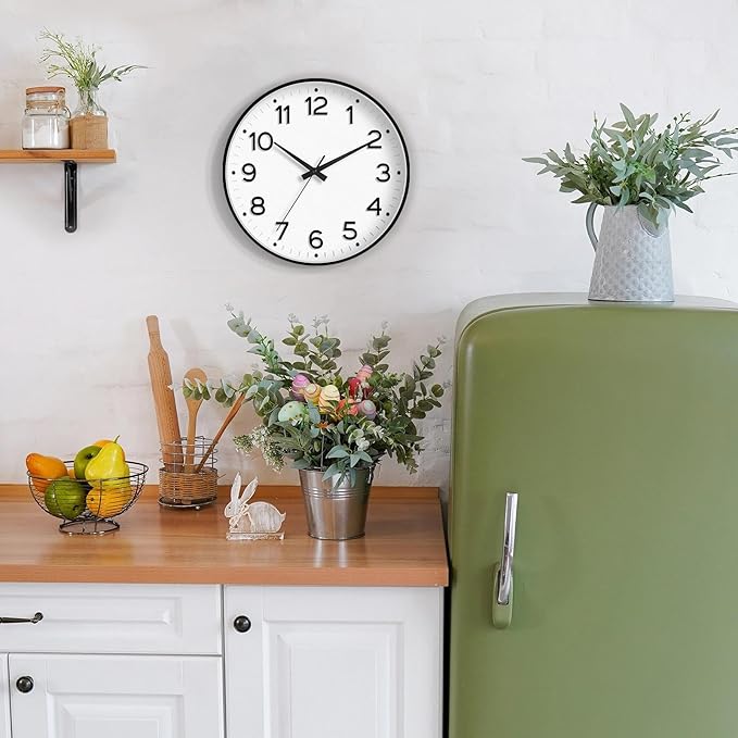 Wall Clock 10 Inch Silent Wall Clocks Battery Operated-Modern Non Ticking Analog Clock Decorative for Kitchen Bedroom Office (Black)