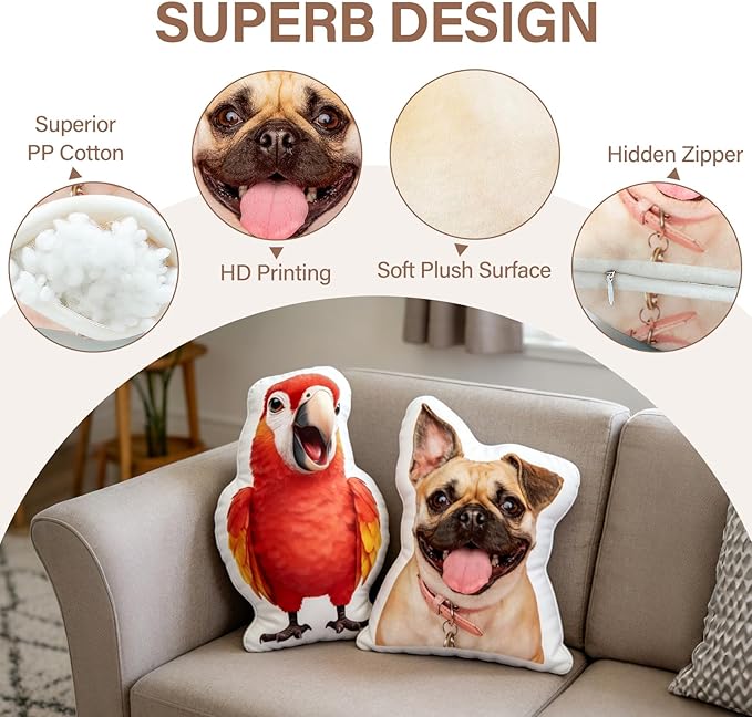 Custom Pet Pillow with Picture, Personalized Dog Cat Shaped Pillow Memorial Loss Sympathy Gifts, Customized Stuffed Animal Pictures Pillows Gift for Dog Lover