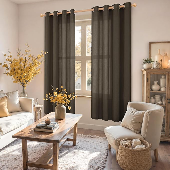 YoungsTex Brown Linen Semi Sheer Curtains 72 Inch Length for Living Room, Chocolate Light Filtering Drapes Privacy with Grommet for Dining Room Bedroom, 2 Panels, 52 X 72 Inch