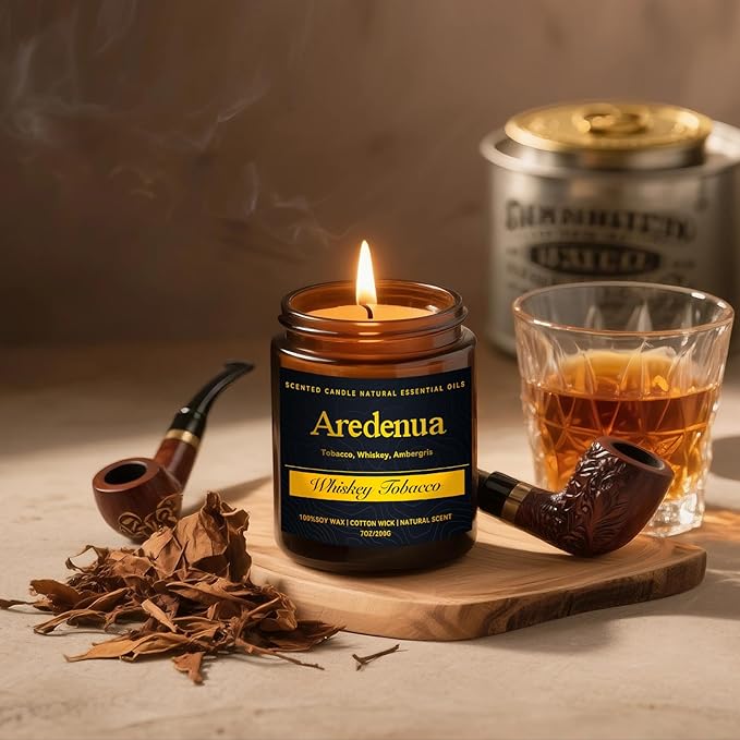 Whiskey Tobacco Candle – Manly Scented Candle for Men, Masculine Soy Candles with Whiskey & Tobacco Aroma, Long Lasting Rustic Candles for Home, Bar, Office, Lounge, Gift for Men