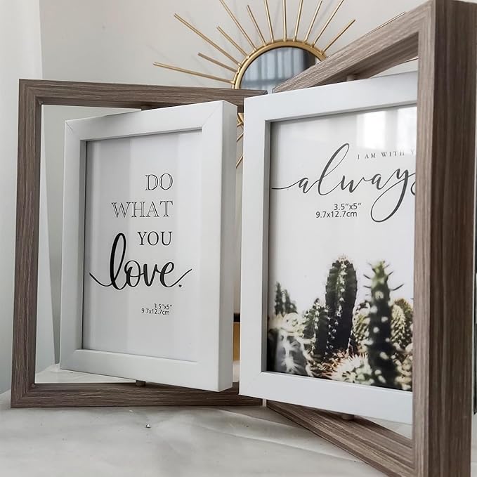 Wooden Hinged Double floating rotating Picture Frame for Photos, 4 * 6 5 * 7 vertical photo Natural Finish (grey color, 5 * 7in)