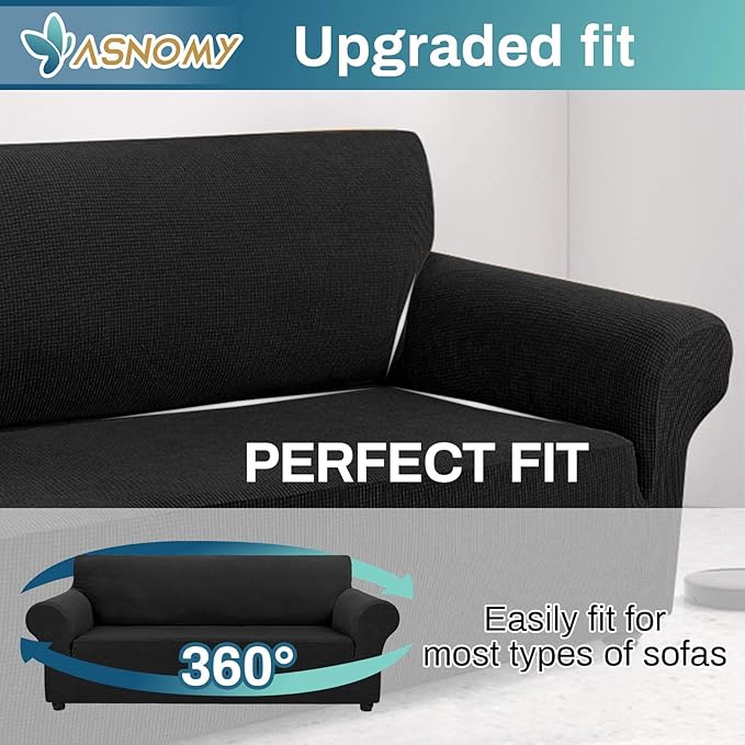 Asnomy Couch Covers for 3 Cushion Couch Sofa Pet Friendly, 3 Seater Sofa Cover Washable Slipcovers Protector Furniture Covers for Dogs Spandex Jacquard Fabric Small Checks???Large???Black???