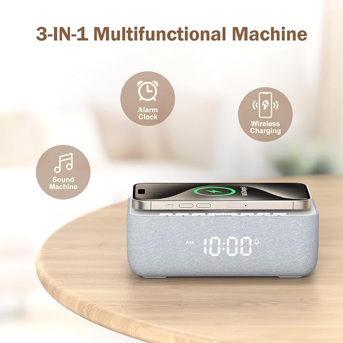 REACHER 15W Wireless Charging Alarm Clock with White Noise Machine - Image 2