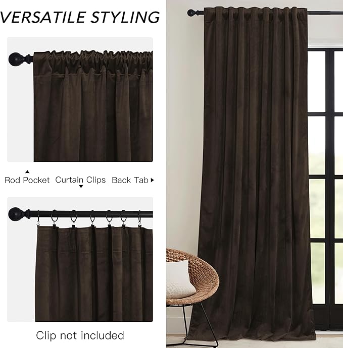 RYB HOME Brown Velvet Curtains 84 inches with Hook Belt, Soft Fabric Room Darkening Thermal Insulated Luxurious Home Decor Curtains for Living Room Bedroom, W 42" x L 84", 2 Panels Set