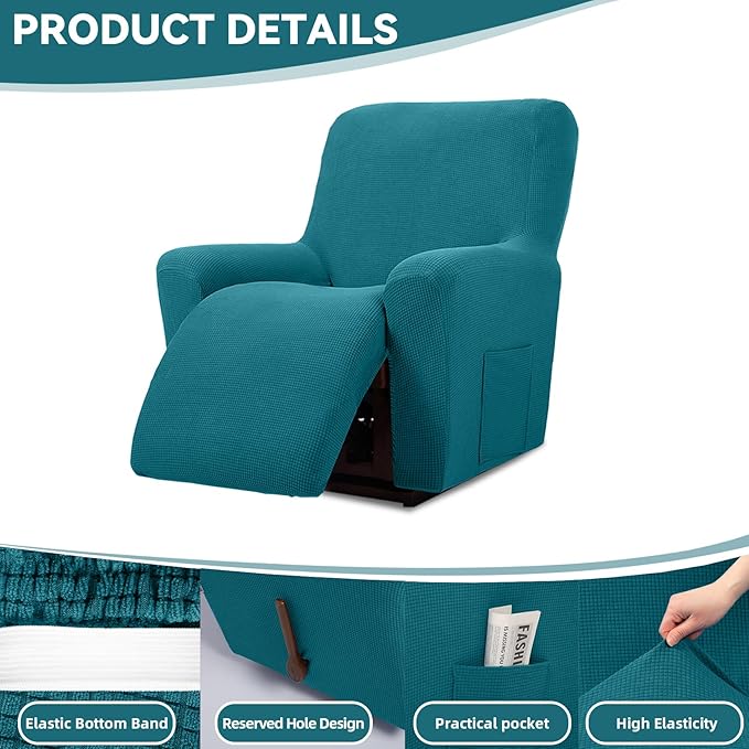 Cupuamon Recliner Chair Covers,Lazy Boy Recliner Covers Stretch Reclining Covers 1 Piece Furniture Protector with Elastic Bottom for Dog,Kids-Peacock Blue