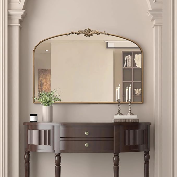 Besdomus Vintage Arched Gold Mirror: 48"x33" French Oversize Gold Antique Wall Mounted Mirror - Baroque Traditional Ornate for Entryway/Fireplace/Bathroom/Hallway - Home Decor for Fashion-Conscious