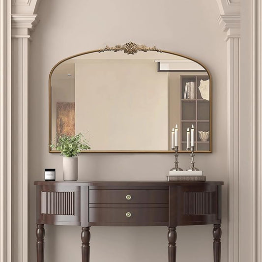 Besdomus Vintage Arched Gold Mirror: 48"x33" French Oversize Gold Antique Wall Mounted Mirror - Baroque Traditional Ornate for Entryway/Fireplace/Bathroom/Hallway - Home Decor for Fashion-Conscious