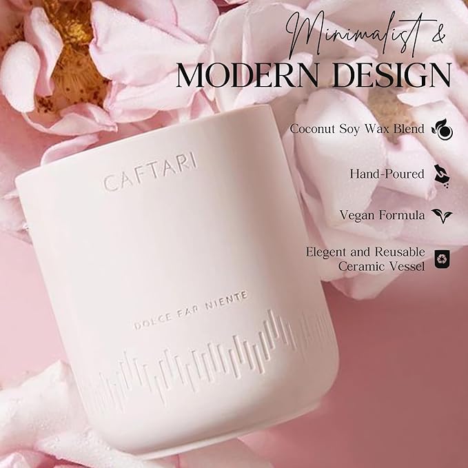 CAFTARI Luxury Aromatherapy Candle | Rose, Sandalwood & Violet Scented | 60 Hour Burn | Clean Coconut Soy Wax | Vegan, Gift-Ready Candle for Upliftment, Presence and Happiness | Dolce Far Niente