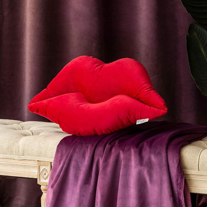 Ashler Lips Throw Pillows Smooth Soft Velvet Insert Included, Lip Shaped Pillow for Bed Living Room, Dark Red, 24 X 12 inches