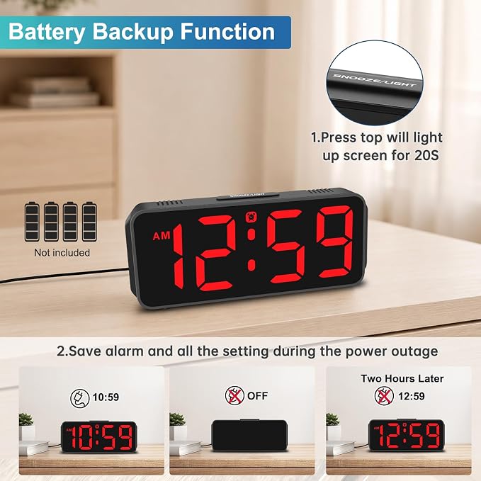 Peakeep Small Digital Alarm Clock for Bedroom, Large Number, Battery Backup | Plug-in Tiny Electric Clock Brightness Dimmable for Bedsise Desk Table Small Spaces, 5 Volume, Easy to Set, Adapter Included - Image 5