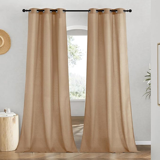 NICETOWN Linen Curtains for Windows 90 inch Long, Grommet Semi Sheer Vertical Drapes Privacy Added with Light Filtering for Doorway/Living Room, Camel, W42 x L90, 2 Pieces