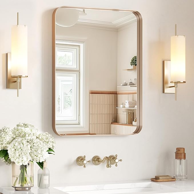 USHOWER Gold Bathroom Mirror 22"x30", Brushed Gold Rectangle Mirror for Over Sink, Aluminum Frame, Anti-Rust, Tempered Glass, Horizontal or Vertical Mounted, Champagne Gold (Neutral Gold)