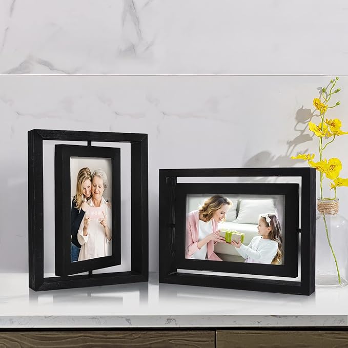Egofine 2 Pack 4x6 Rotating Floating Picture Frames,Double-Sided Display with HD Glass Front Wooden Distressed Frame for Vertical or Horizontal Tabletop Display, Black