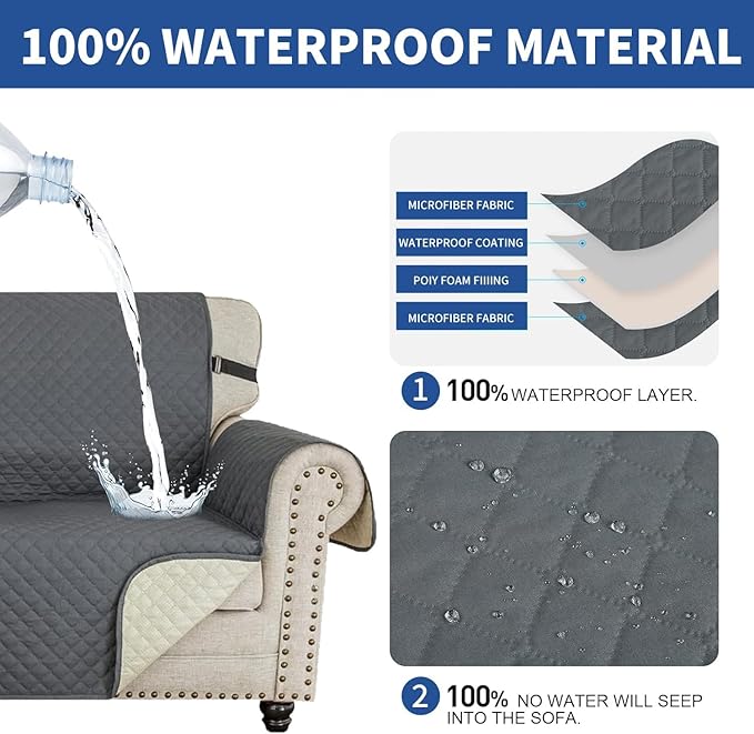 XINEAGE Quilted Sofa Cover Waterproof Couch Covers for 3 Cushion Couch, Super Soft Washable Slipcover with Pockets & Non-Slip Elastic Straps, Thick Furniture Protector (Sofa, Dark Grey)