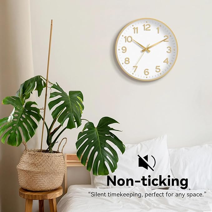 Wall Clock 12 Inch Silent Wall Clocks Battery Operated-Modern Non Ticking Analog Clock Decorative for Kitchen Bedroom Office (White Gold)