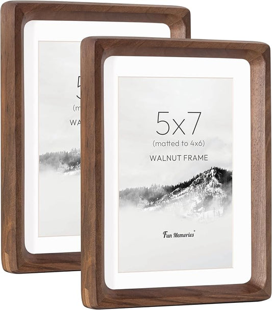5x7 Picture Frame Set of 2, USA-Sourced Walnut Wood Photo Frame with HD Tempered Glass, Handcrafted Rounded Corner 5 x 7 Wooden Frames Matted to 4x6 Photos, 5x7 Frames, Tabletop or Wall Display