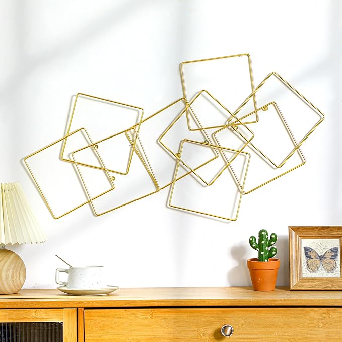Hicarer 3 Pcs Interlocking Rings Wall Sculpture Gold Metal Home Wall Decor Abstract Aesthetic Gold Decoration for Art Bedroom Living Room Bathroom Home(Square)