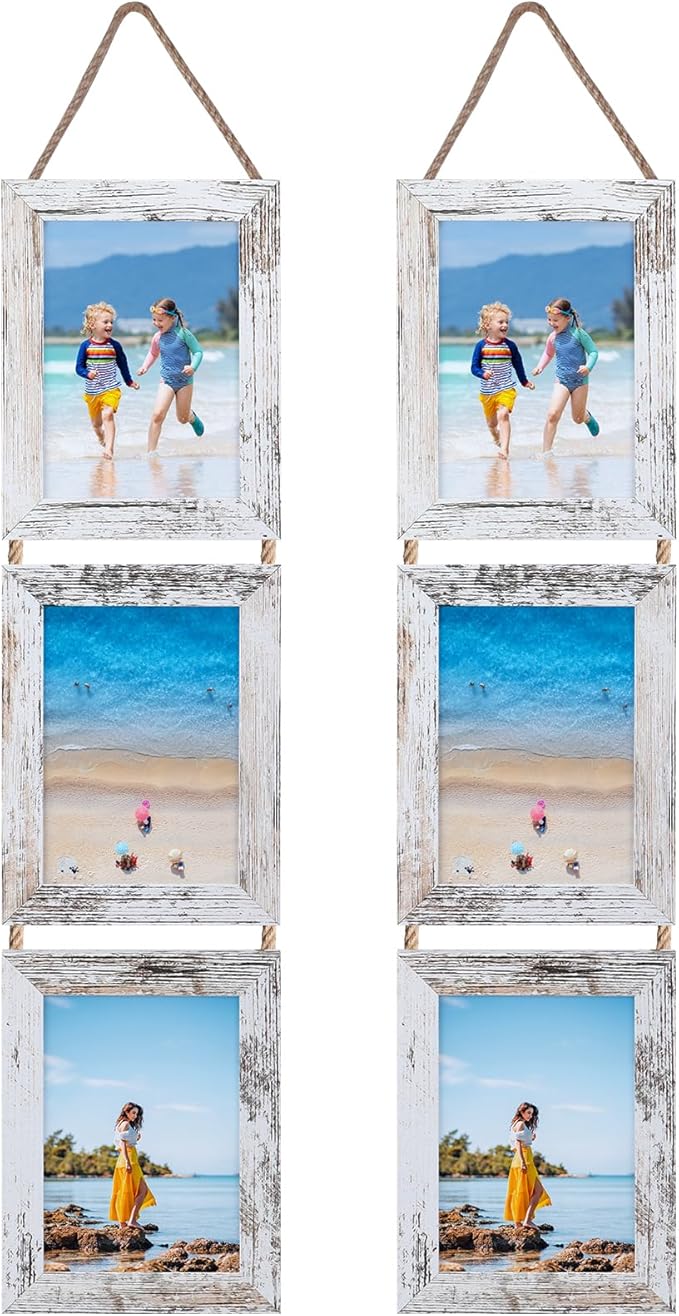Lavezee 5x7 Collage Hanging Triple Picture Frames Set, 6 Opening Distressed White Vertical Frame Made to Display 5 by 7 Inch Photo Prints for Wall Decor