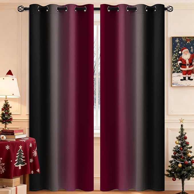 COSVIYA Curtains & Drapes Burgundy Red and Black Curtains 84 inch Length 2 Panels,Full Room Darkening Grommet Insulated Thermal Window Curtains for Bedroom/Living Room,52x84inches