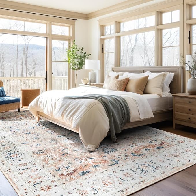 jinchan Area Rug 8x10 Living Room Rug - Washable Vintage Large Boho Floral Floor Cover Lightweight Low Pile Thin Non-Slip Retro Distressed Carpet for Bedroom Dining Room Kitchen Office Pink Blush