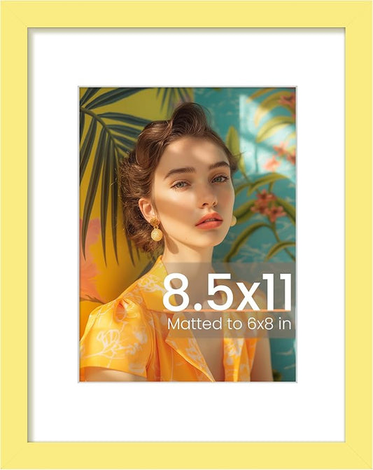 upsimples 8.5 By 11 Picture Frame, Display Pictures 6x8 with Mat or 8.5 x 11 Without, Wall Hanging Photo Frames, Yellow, 1 Pack