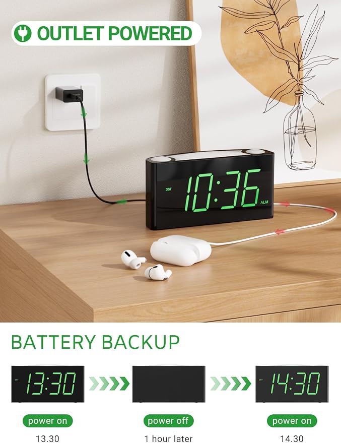 Alarm Clock for Bedroom, 7.5" Large Display LED Digital Clock with 7 Color Night Light,USB Phone Charger,Dimmer,Battery Backup,Easy to Set Loud Bedside Clock for Heavy Sleepers Adult Teen Kid Boy Girl - Image 7