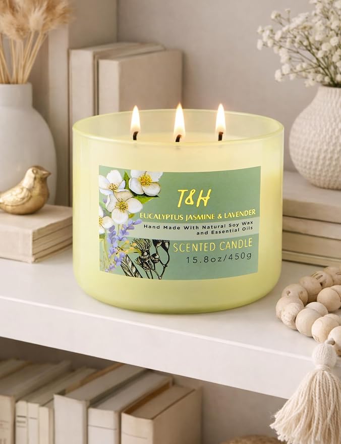 Eucalyptus Jasmine Lavender Scented Candle | 3 Wick Large Soy Candles for Home 15.8oz | Calming Spa Aromatherapy Candle | Strong Scent Long Lasting Clean Burn | Stress Relief Gift for Women & Men