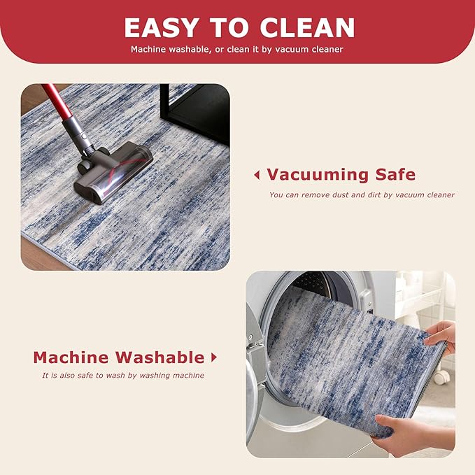 KOZYFLY Modern Abstract Washable Rug Runner 2.6x10 Hallway Rug Runner Non-Slip Soft Kitchen Runner Rugs, Grey-Blue Striped Carpet for Entryway Bathroom Laundry Room Foyer