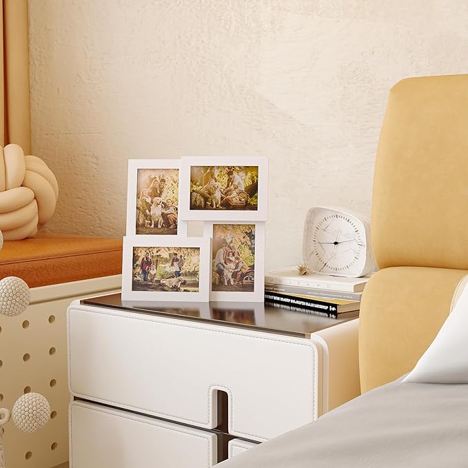 Egofine 4x6 Family Picture Frame Collage, for 4x6 pictures Covered by Plexiglass for Wall Hanging and Tabletop, 4-opening Dimensional Picture Frame for Home Deor, White