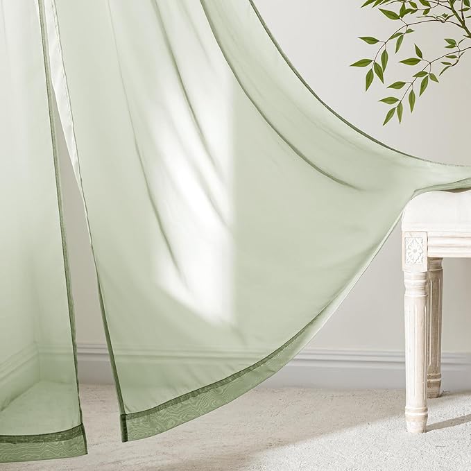 MIULEE Sage Green Sheer Curtains 90 Inches Long, 4 Panels Set, Light Filtering Rod Pocket Voile Drapes Window Treatments, Semi Transparent Airy Fabric for Bedroom and Living Room, 42 x 90 Inches